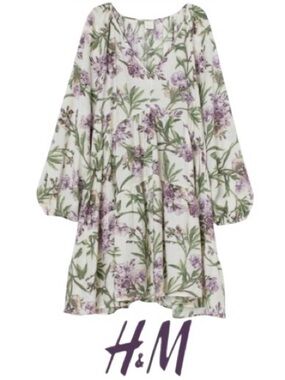 XXL H&M Swingy Short Botanical Print Dress with Balloon Sleeves, NWT